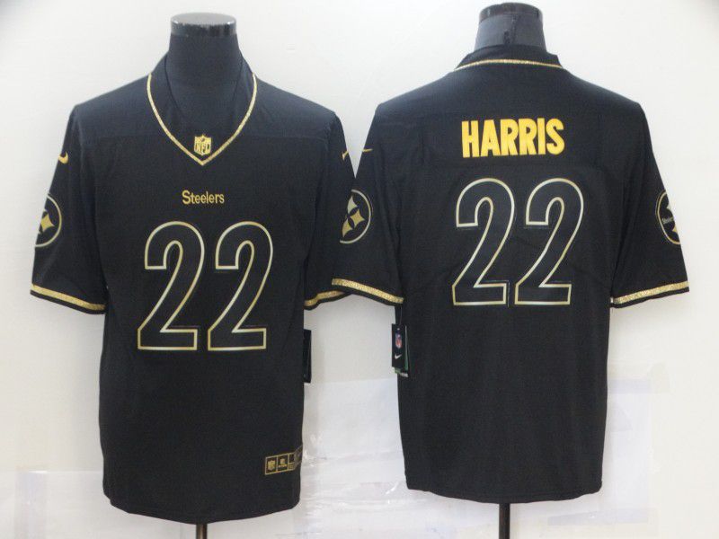 Men Pittsburgh Steelers 22 Harris Black Retro Gold Lettering 2021 Nike NFL Jersey